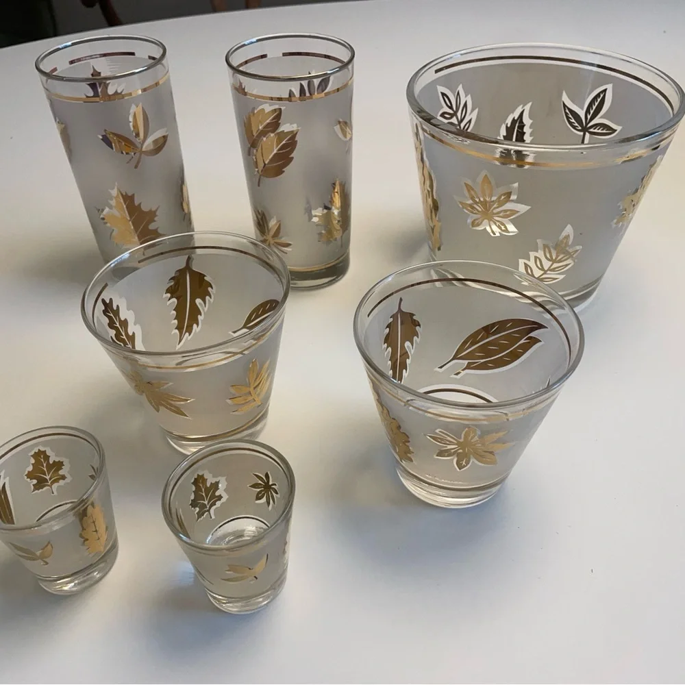 Vintage Libbey Golden Foliage Glassware Set MCM Gold Leaf Ice Bucket 7pc